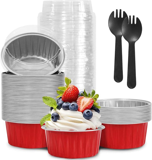 Valentine's Day 50Pcs Mini Aluminum Foil Cupcake,5oz Baking Cups with Lid | Red Disposable Ramekins for Christmas,Mini Cake Pans,Loaf Pan with Lids,Tin Cups Containers for Cupcake,Pudding,Cheesecake by YOIYINI
