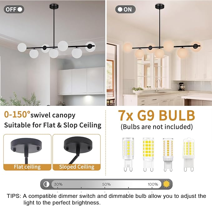Modern Linear Chandelier 7-Light, Mid Century Black Globe Pendant Light for Dining Room, Kitchen Island Lighting Fixtures Ceiling, Bubble Glass Chandelier over Table for Living Room, Foyer, Bedroom - Image 8