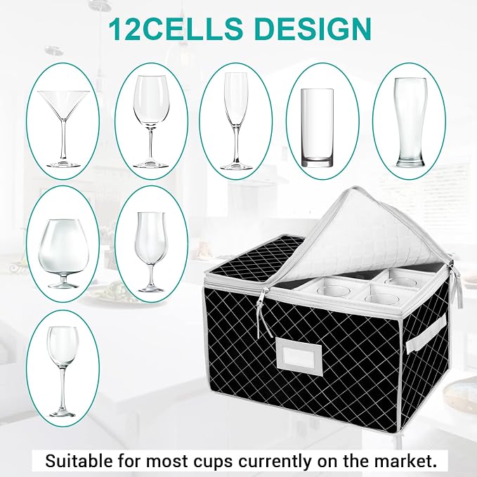 China Storage Containers - Stemware Storage Cases for 12 Wine Champagne Glasses - 2 Pack Crystal Glassware Protector Packing Boxes with Dividers and 2 Handles for Moving (Black) - Image 7