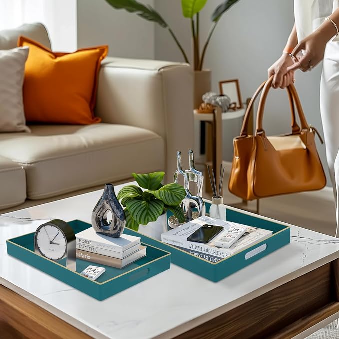 MAONAME Green Serving Tray with Handles, Plastic Decorative Tray Set of 2 | Decorative Tray for Coffee Table, Modern Ottoman Tray, Rectangle Melamine Tray for Living Room, 15.8"L x 10.2"W x 1.4"H - Image 5