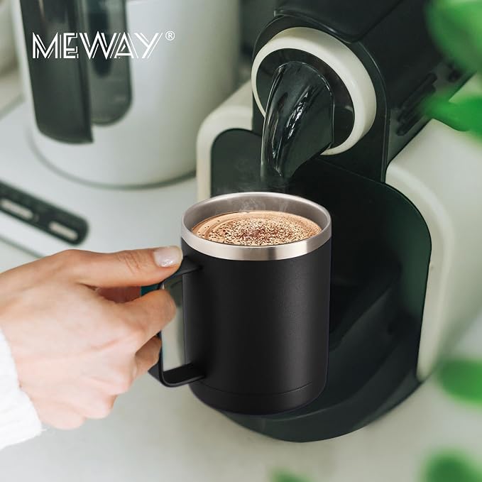 MEWAY 12oz Coffee Mug With Handle 2 Pack Bulk,Stainless Steel Insulated Travel Tumblers With Sliding Lid,Double Wall Vacuum Camping Cup for Hot & Cold Drinks Tea (Black,Set of 2) - Image 7