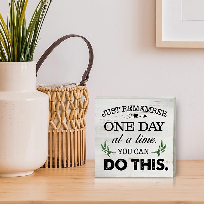 Just Remember One Day at a Time Wood Box Sign Home Decor Rustic Inspirational You Can Do It Wooden Box Sign Block Plaque for Wall Tabletop Desk Home Office Decoration 5" x 5" - Image 5
