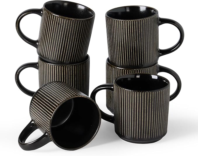famiware Coffee Mug Set for 6, Star 12 oz Catering Mugs Cup Set with Handle for Coffee, Tea, Cocoa, Milk - Ceramic Stoneware Drinkware Set, Black by Famiware