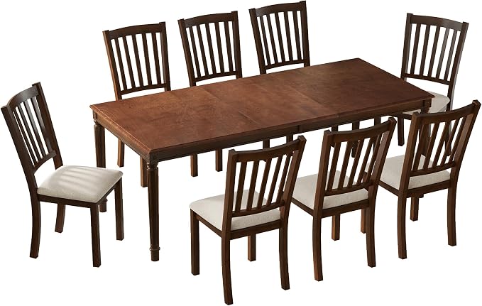 AMERLIFE 9 Piece Farmhouse Dining Set with 79" Rubberwood Table, Brown | 79" Rectangular Table, Solid Rubberwood Frame, Upholstered Chairs, Roman Conical Legs, Dark Brown Finish - Image 9