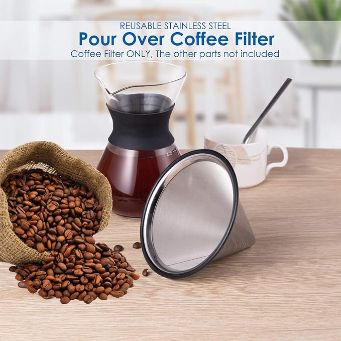 Pour Over Coffee Filter Metal Base Reusable Stainless Steel Coffee Dripper Perfect for Chemex Hario Bodum & Other Coffee Makers Paperless Coffee Filter for Sustainable Brewing