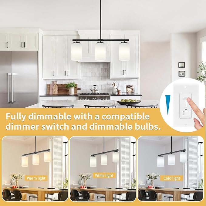 Modern Kitchen Island Lighting Black Dining Room Light Fixtures | 3-Light Linear Chandelier Over Table, 21.25'' Island Lights for Kitchen White Frosted Glass Shades, Adjustable Height - Image 7