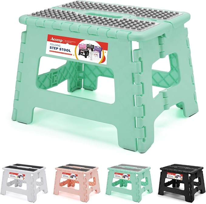 ACSTEP 9 Inch Folding Step Stool 300 LB Capacity Non Slip Foot Stool with Handle Plastic Foldable Step Stools for Kids Stepping Stool for Bathroom Black Small Step Stool (1 PC Teal) | Heavy Duty Foldable Stools, Lightweight, Holds 300 lb, for Toddler K... by ACSTEP