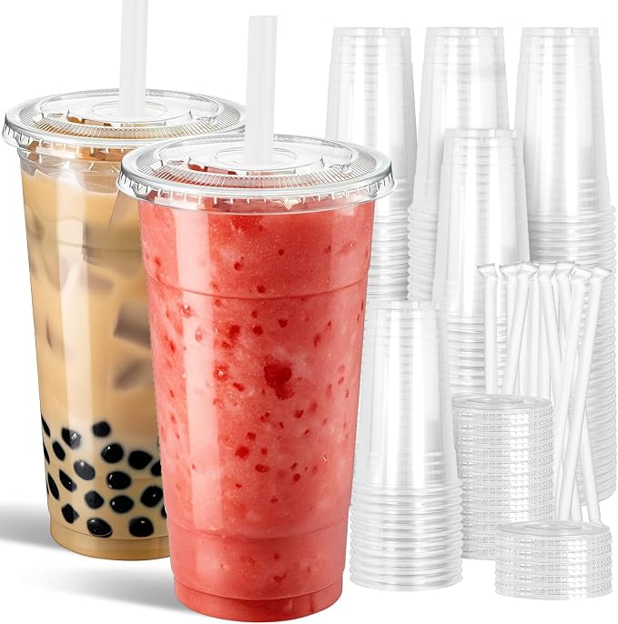Ginkgo 32 oz Clear Plastic Cups with Lids and Jumbo Straws | Leak-Proof & Sturdy Disposable To Go Iced Coffee Cups for Smoothie, Boba Milk Tea - 50 Pack by HOME
