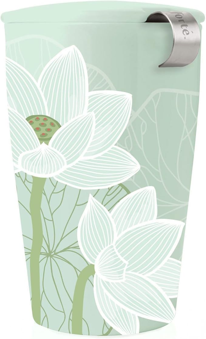Tea Forte Double-Walled Ceramic Kati Cup, Removable Stainless Steel Infuser Basket and Lid, Steeps 12 oz Loose Leaf Tea, Dishwasher & Microwave Safe, Lotus