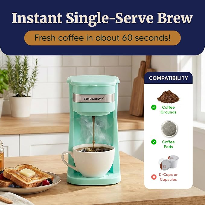 Elite Gourmet EHC113M Personal Single-Serve Compact Coffee Maker, Mint | Includes 14oz stainless steel interior thermal travel mug, reusable filter - compatible with coffee grounds - Image 2