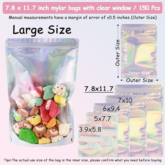 150 Pcs Mylar Bags for Food Storage, 8x12 Mylar Bag with Window Stand Up, Large Holographic Resealable Bags Smell Proof Bag Food Packaging for Small Business Freeze Dried Candy Jewelry Foil Packaging - Image 5