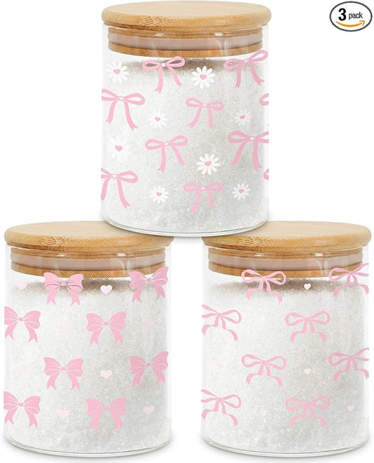 Pink Bow Glass Storage Jars with Lids, Candy Cookie Jars, 3 Pcs | Pink Bow Cute Preppy Kitchen Canister Set for Women Girls Cute Kitchen Counter Decor Airtight Candy Cookie Containers by Culudea
