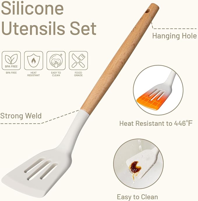 CAROTE 10-Piece Kitchen Utensils Set with Wood Cool-Touch Handles, Cream | Silicone Cooking Utensil, Food Grade, Nonstick Cookware Friendly, BPA-Free, Heat-Resistant, Everyday Home Essentials, Gifts - Image 3
