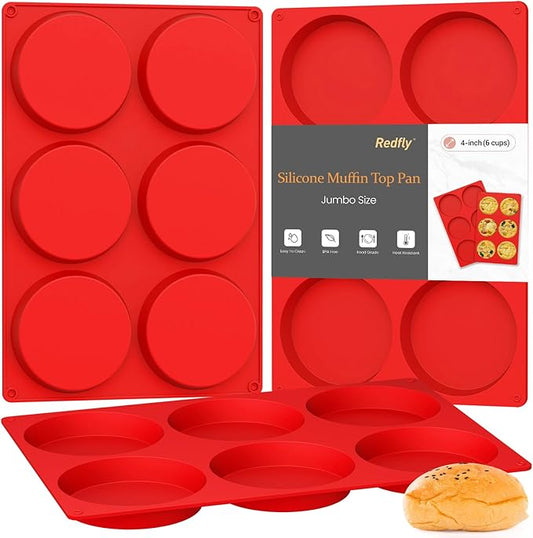 Redfly Silicone Egg Molds for Breakfast Sandwiches 3 Pcs, Non Stick 4 Inch Egg Bites Baking Pans, Jumbo Silicone Muffin Pans for Baking, Round Muffin Top Pan for Whoopie Pie Pan, Hamburger, Fruit Tart