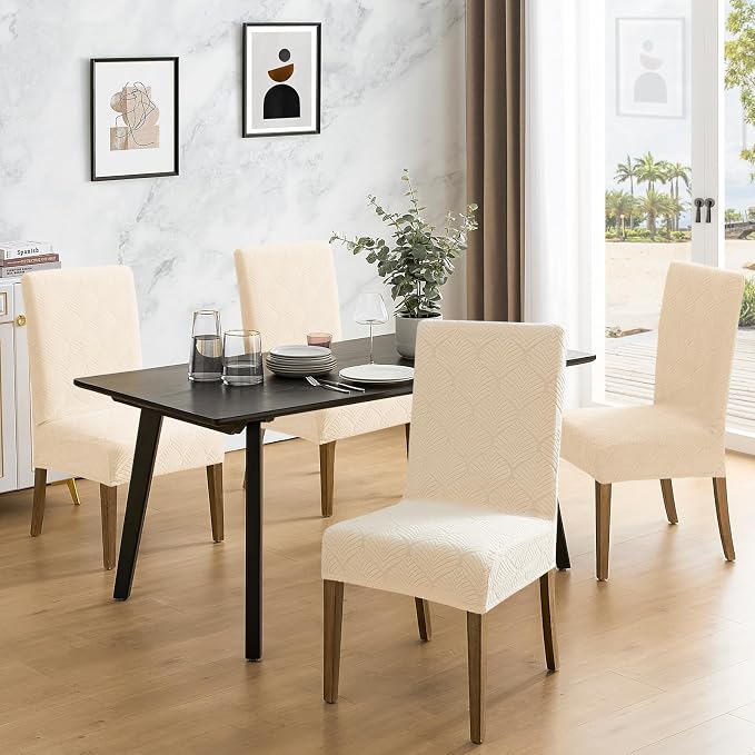 MOSAYT 100% Waterproof Dining Room Chair Covers Set of 6, Super Fit Stretch Jacquard Parson Chairs Slipcovers Removable Washable Chair Seat Protectors for Home, Kitchen, Banquet (Beige - XL) - Image 2