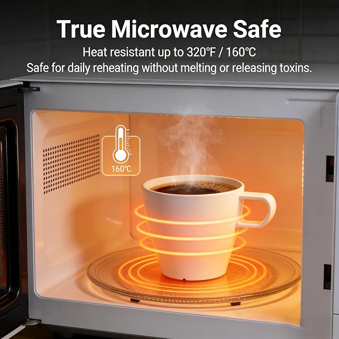 6-Pack 10oz Unbreakable Coffee Mugs, Microwave Safe Premium Drinkware (Up to 320℉), Lightweight Shatterproof White Cups for Keurig, Kids, RV & Camping, BPA-Free (White) - Image 6