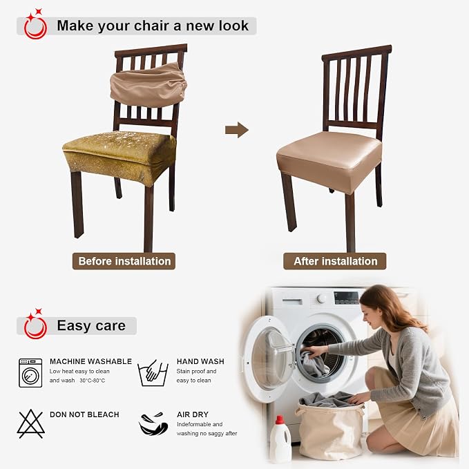 Waterproof Pu Leather Seat Covers for Dining Room Chairs Set of 4,Soft Chairs Seat Slipcovers,Dining Chair Cover Removable Washable Chair Protector Cover Stretch Kitchen Chair Covers - Image 7