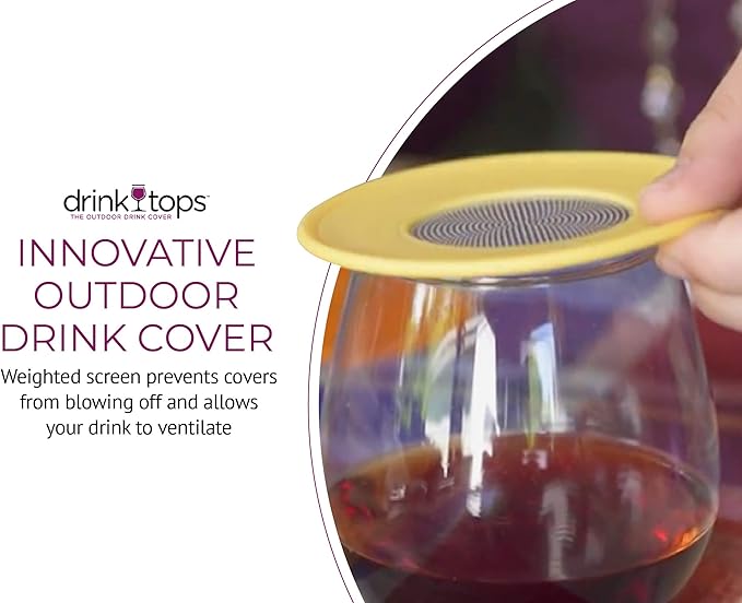 Drink Tops Ventilated Silicone Wine Glass Covers - Weighted Cover Allows air to circulate - Outdoor Glass Protectors prevent particles - BPA Free - 4 Pack