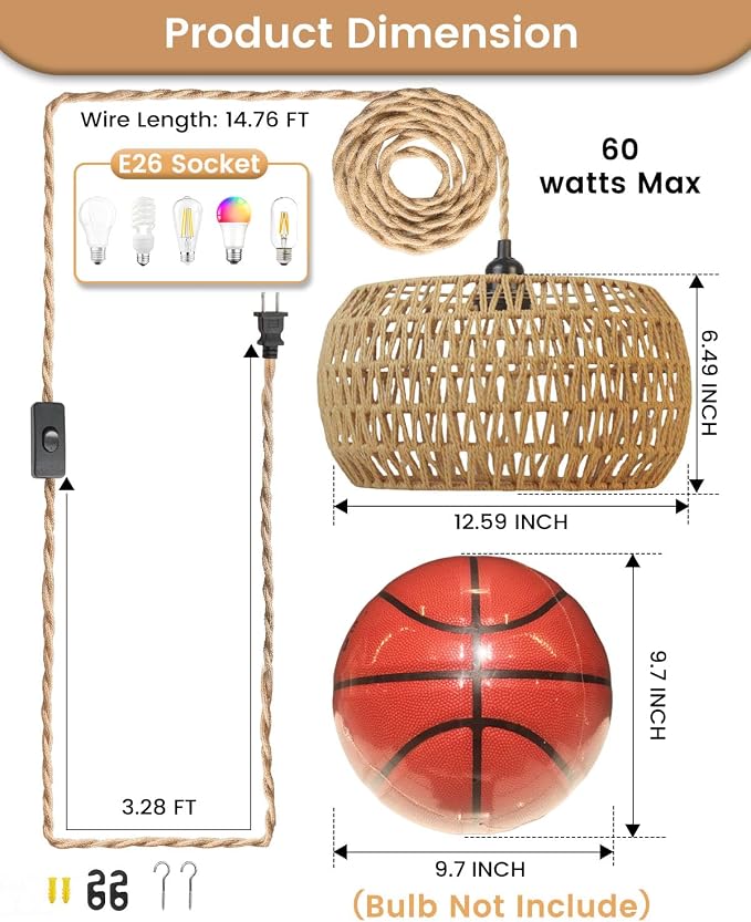 Rattan Boho Hanging Light,12.6'' Natural Hand Woven Fabric Drum Light,Plug Into Wall Outlet Pendant Light Fixture On/Off Switch for Dining,Living Room,Bedroom,Kitchen,Hallway Entryway, Without Bulb - Image 2