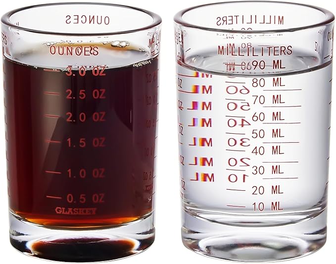 GLASKEY 2 Pack Shot Glass Measuring Cup Set,3 oz/90ml Liquid Heavy High Espresso Glass Cup,Dishwasher Safe,Measurement of Dry and Liquid Ingredients(Red)