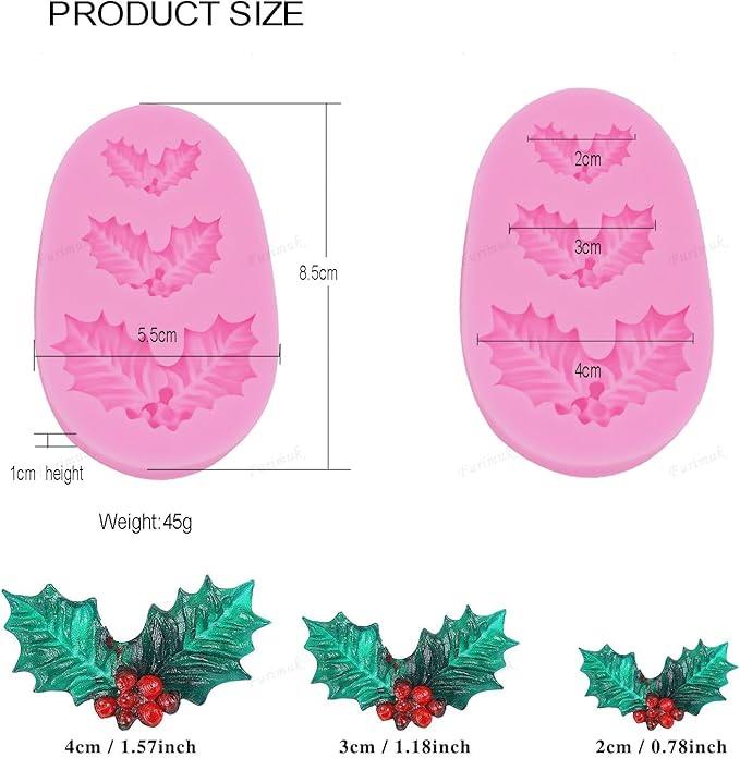 2 Pieces Christmas Holly Leaves Silicone Mold Leaf Shaped Fondant Mold Chocolate Dessert Molds for Baking Chocolate Candy Sugar Cake Decorations Polymer Clay Wax DIY Crafts
