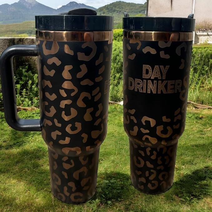 Tumbler, 40oz Tumbler, Western Tumbler, Engraved Cup with Handle, Cute Coffee Mug, 40oz Coffee Mug (Black rose gold-Cheetah Day drinker)