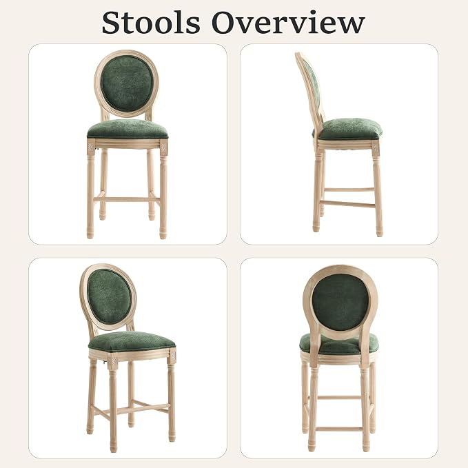 French Country Barstool, Linen Farmhouse Counter Height Chair | Set of 4, with Cushion Round Back and Solid Wood Legs, Oval Chairs for Restaurant, Bar, Kitchen, Café, Green - Image 6