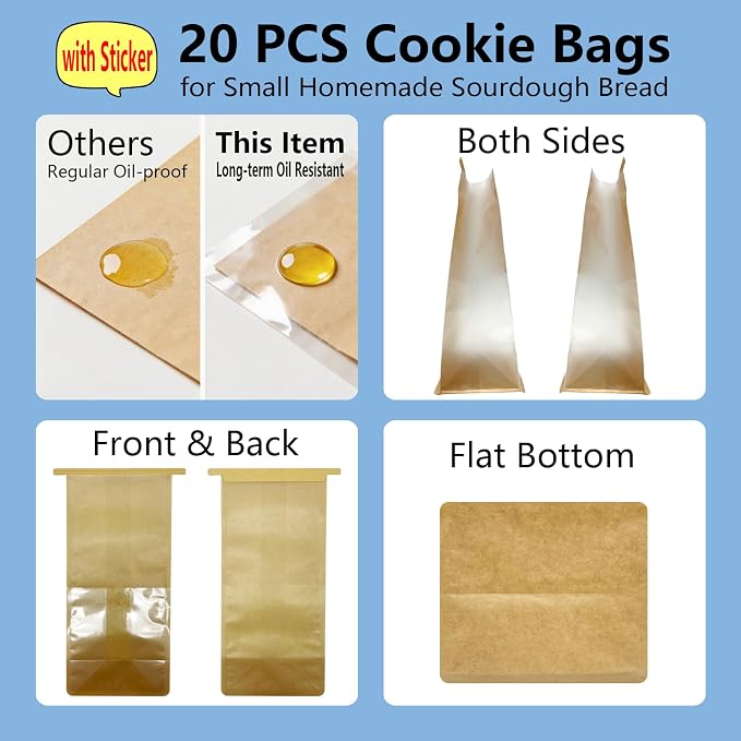 Cookie Bakery Bags with Window Small Bread Baked Goods Packaging Tin Tie Tab Closure & Cute Sticker for Candies, Treats, Snack - Brown Kraft Paper 20 Pcs 11x5.1x3.9 Inch - Image 8