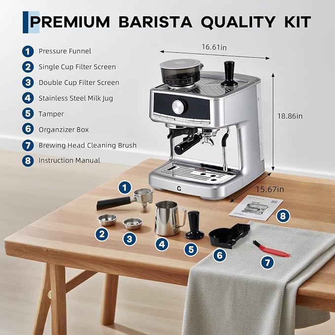 Deluxe Espresso Machine with Double Boiler, Built-in Burr Grinder | 30 Grind Settings, 1.5L Removable Tank, Use Milk Frother and Brew Espresso Simultaneously, Coffee Maker Steam Wand, Silvery - Image 5