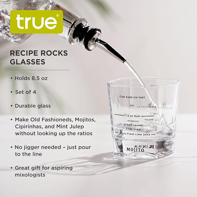 True Cocktail Rocks Glasses with Recipes for Old Fashioned, Mojito, Mint Julep & Caipirinha, Old Fashioned Glasses, Bar Glassware, 8.5 oz, Set of 4 - Image 2