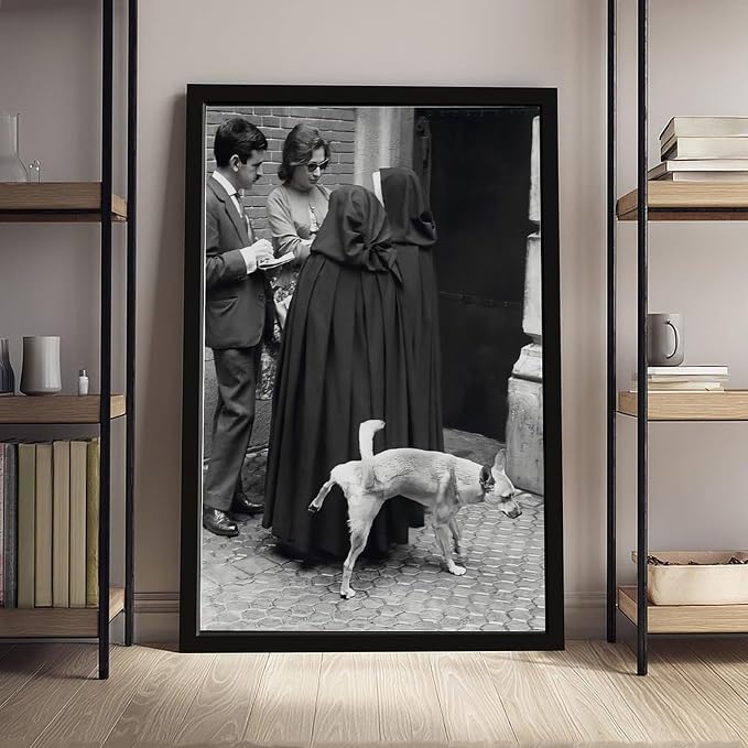 UXCBIA Dog Pees on Nun, Black And White, Vintage Funny Photo Humor Poster Canvas Poster Bedroom Decor Sports Landscape Office Room Decor Gift Black Frame 16x24in(40x60cm) - Image 4