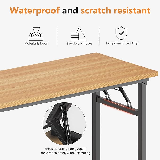 DlandHome 54.3 Inch Large Folding Computer Desk, Fully Assembled Teak Black | Foldable Writing Table, Portable Activity Conference Table for Home Office, Wood Top Metal Frame, Collapsible Easy Storage - Image 4