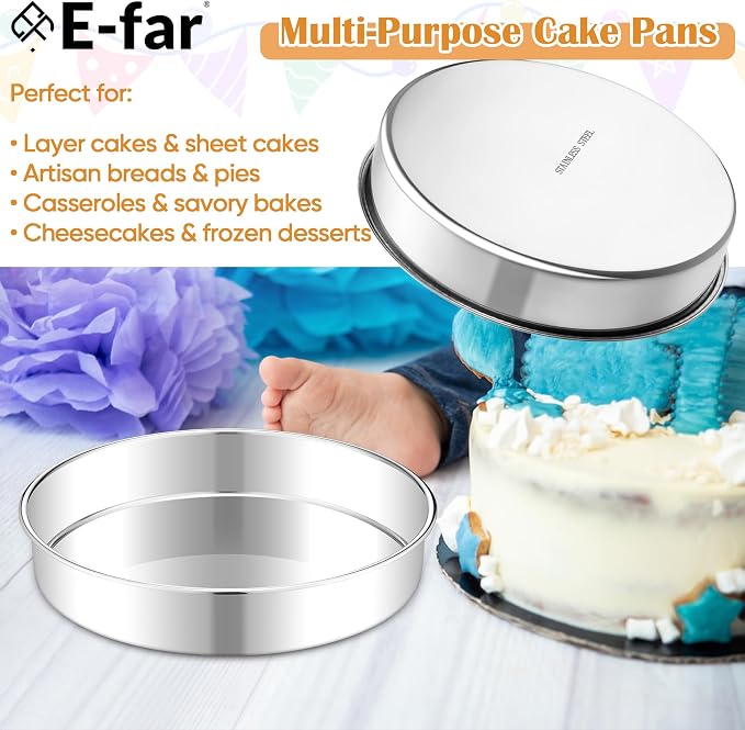 E-far 11 Inch Cake Pan Set of 2, Stainless Steel Large Round Baking Pans Tins, Non-Toxic & Leak-Proof Mold for Birthday Wedding Layer Tiered Cake, Easy Clean & Dishwasher Safe - Image 7