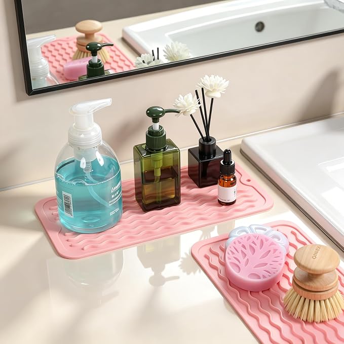 2 Pack Caketime Silicone Dish Drying Mat for Kitchen Counter Under Sink Storage Near Bathroom Faucet Heat Resistant Pad for Stove Top Placemats Soap Holder Stone Dryer Organizer 12"x6" Pink - Image 2