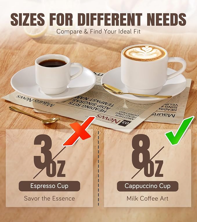Lareina 8 Ounce Porcelain Cappuccino Cups Set of 4, Stackable Coffee Cups with Saucers, Spoons and Metal Stand -for Specialty Coffee Drinks, Cappuccino, Latte, Americano and Tea, White - Image 9