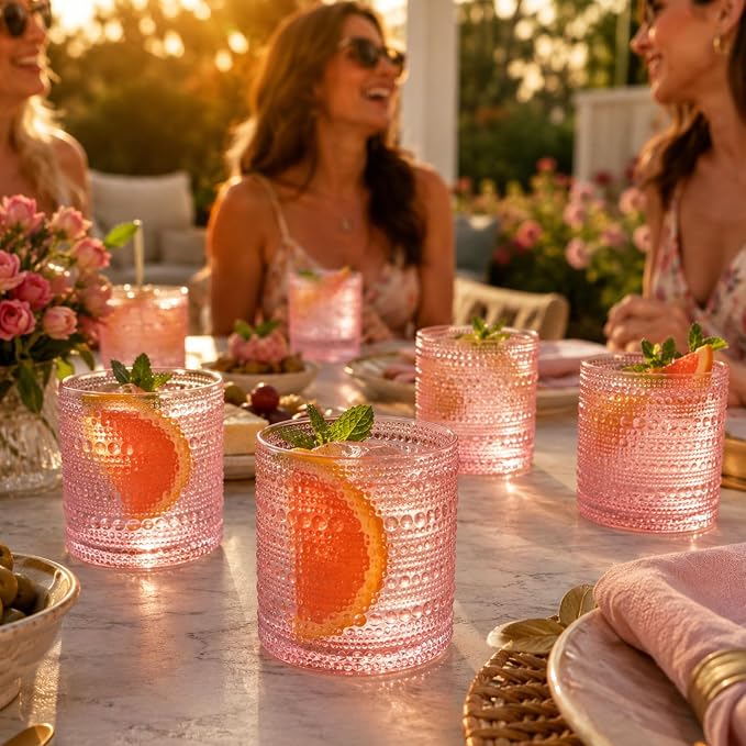 Khen Hobnail Beaded Highball Drinking Tumbler Glasses | Set of 6 | Pastel Pink Color, Vintage Bubble Design Whiskey Glassware, Rocks Glasses - Image 6