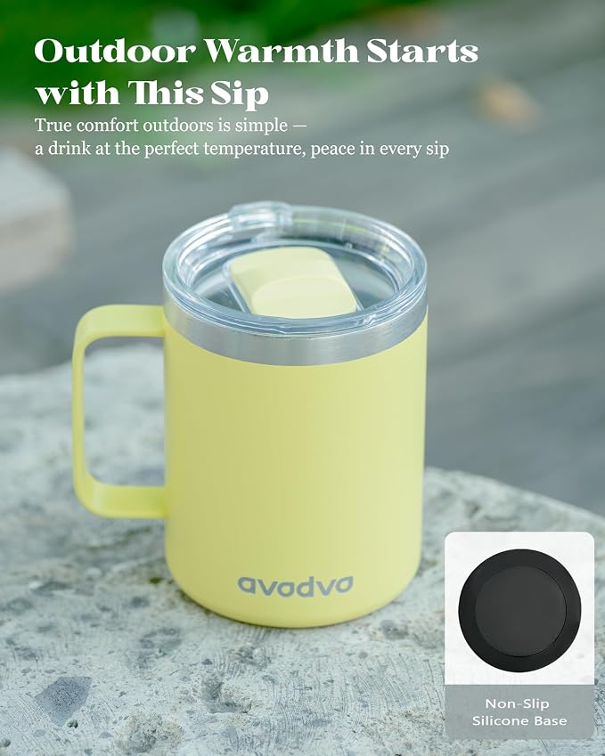 12oz Insulated Coffee Mug with Lid – Includes Two Lids, Stainless Steel Coffee Travel Mug with Handle, Double Wall Vacuum Insulated Camping Mug for Home, Office & Outdoor, Yellow - Image 6
