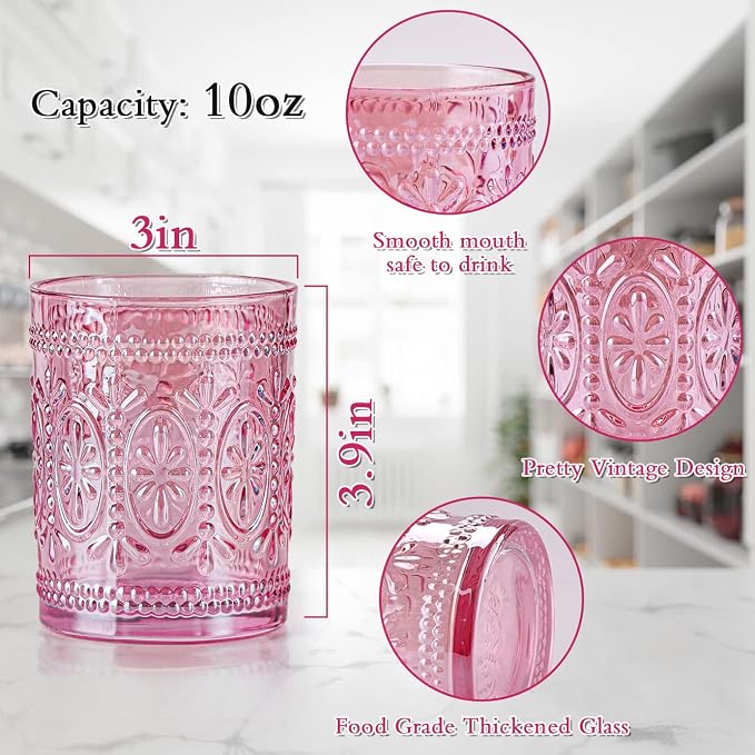 Darlion Vintage Glassware, Pink Drinking Glasses, 10oz Pink Glass Cups | Food Grade Glass, Lead-Free Glass, Durable&Sturdy, Vintage Decoration - Image 2
