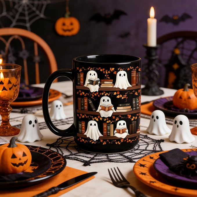 Halloween Ghost Reading Coffee Mug, Bookshelf Tea Cup, Black, 15oz | Ceramic, With Handle, Spooky Book Mug for Book Lovers & Readers, Novelty Festive Bookish Gift for Women, Friends, Coworkers - Image 6