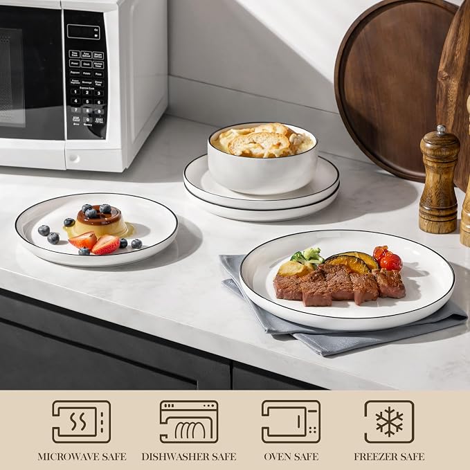 MALACASA Plates and Bowls Sets, 24 Pieces Modern Porcelain Dinnerware Set for 8 White Kitchen Dinner Dining Ware Set wtih Black Rim Ceramic Dishware Dishes Microwave and Dishwasher Safe, Series LUNA | Modern Ceramic Dishware Set,Kitchen Dining Ware,Mic... - Image 4