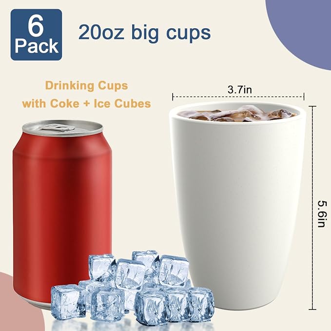 Drinking Glasses 20 OZ, Wheat Straw Cups Set of 6 | Alternatives to Plastic Cups Reusable, Large Water Cups, Dishwasher & Microwave Safe Cup Sets for Kitchen, Party, Camping - White - Image 2