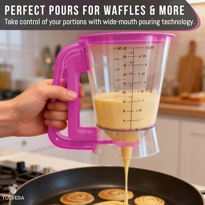 Pancake Batter Dispenser | 5-Cup Mix Pourer for Pancakes, Waffles, Crepes, Muffins, Cupcakes | Squeeze Handle, Portion Control Pitcher, Durable Drip-Free Design | Baking Accessories (Raspberry Purple) - Image 5