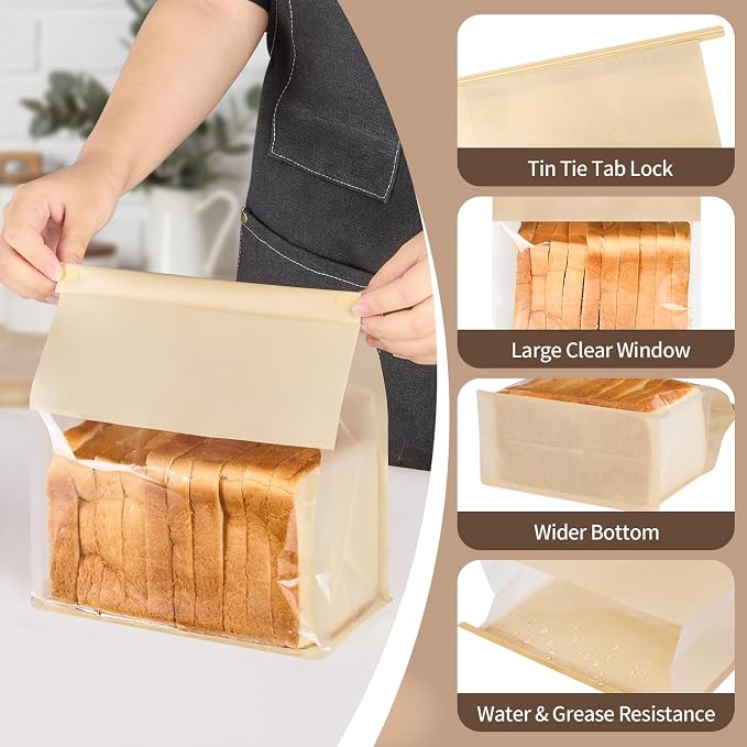 Ocmoiy Large Bread Bags for Homemade Breads, 8.7 x 4.3 x 11 Inches, 50 Pack | Tin Tie Tab Lock, Sourdough Bread Bags with Window, Clear Front Bakery Storage Bags, Paper Treat Bag - Image 3