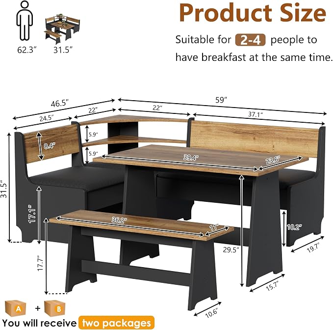PAKASEPT Corner Breakfast Nook Table Set with Cushion, L-Shape Kitchen Dining Table with Bench, Farmhouse Wood Breakfast Nook Bench with Hidden Storage,Black - Image 2