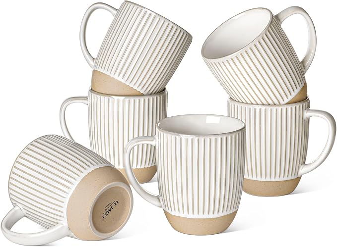 LE TAUCI Coffee Mugs 16 oz,Ceramic Mug Set, Embossment Cups for Latte, Hot Tea, Cappuccino, Mocha, Cocoa,Suit For Housewarming Wedding- 3.8 inch, Set of 6, Arctic White by LETAUCI