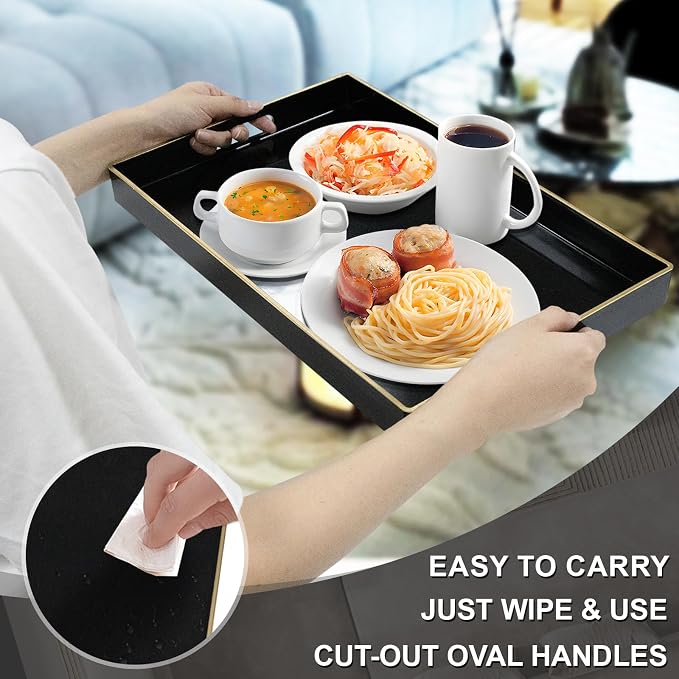 MAONAME Black Decorative Tray for Coffee Table, Serving Tray with Handles | Plastic Melamine Tray, Modern Ottoman Tray, Rectangular Countertop Organizer Tray for Living Room, 15.8"L x 10.2"W x 1.4"H - Image 4