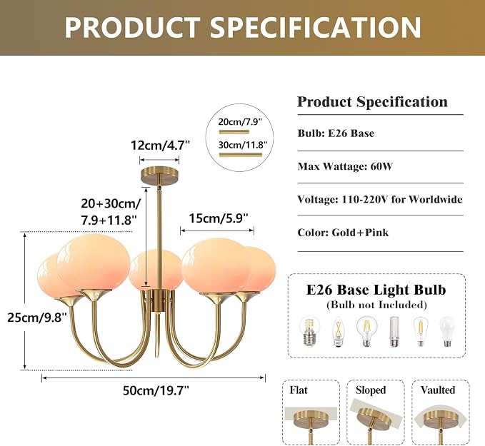 5-Light Pink Glass Ceiling Light Brass Gold Globe Pendant Light Modern Pink Bubble Chandelier Girls Bedroom Chandelier Light Fixture - Image 2