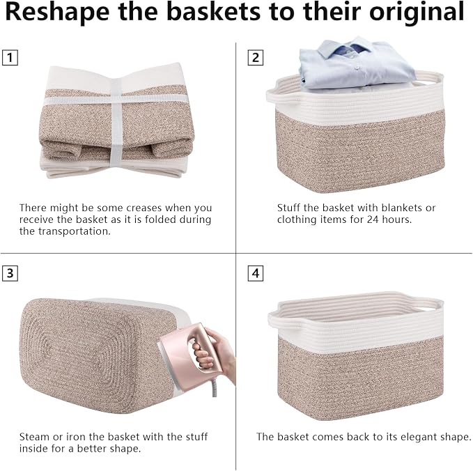 OIAHOMY 3 Pack Storage Baskets for Organizing, 13''X9.85''X8.7'' Storage Bins,Woven Basket with Handles, Toy Storage Bin,Stylish Room Decor Basket, white & Brown variegated - Image 6