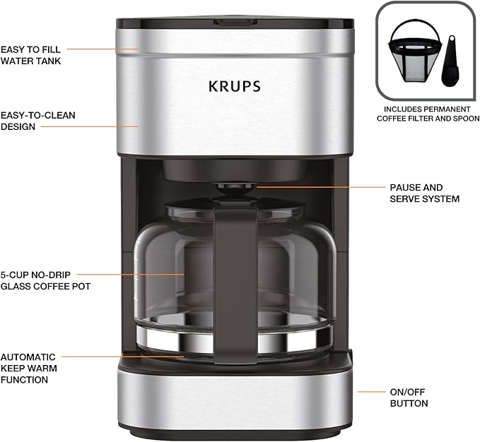 KRUPS Simply Brew Compact 5 Cup Coffee Maker: Stainless Steel Design, Pause & Brew, Keep Warm, Reusable Filter, Drip-Free Carafe - Image 6