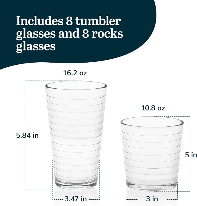 Libbey Hoops Tumbler and Rock Glass Set, Two Sized Nostalgic Retro Glass Cups Set, Dishwasher Safe Glasses Drinking Set of 16 for Any Occasion - Image 3